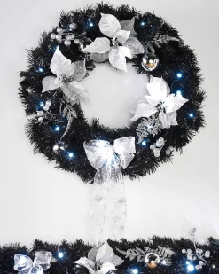 Pre-Lit Decorated Wreath, Black/Silver, 60 Cm