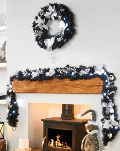 Pre-Lit Decorated Wreath, Black/Silver, 60 Cm