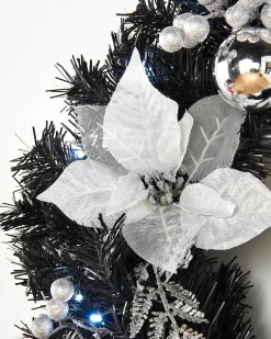 Pre-Lit Decorated Wreath, Black/Silver, 60 Cm