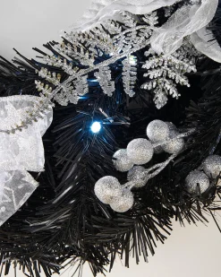 Pre-Lit Decorated Wreath, Black/Silver, 60 Cm