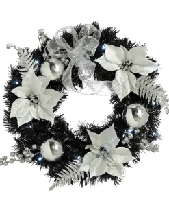 Pre-Lit Decorated Wreath, Black/Silver, 60 Cm