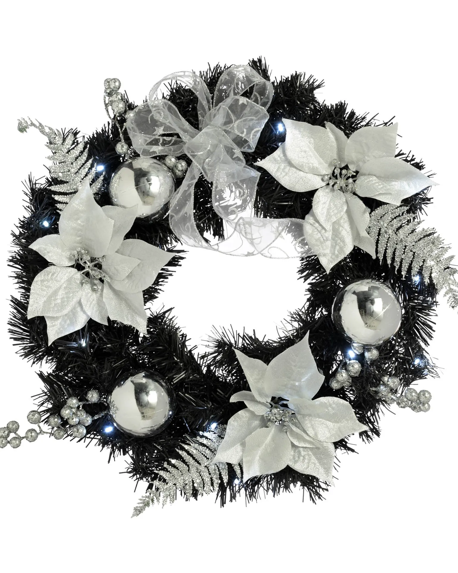 Pre-Lit Decorated Wreath, Black/Silver, 60 Cm