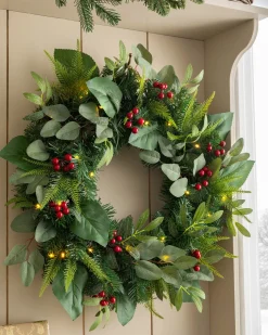 Pre-Lit Decorated Wreath, Berries & Eucalyptuses, 60 Cm