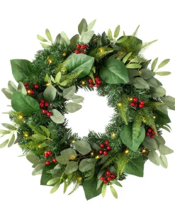 Pre-Lit Decorated Wreath, Berries & Eucalyptuses, 60 Cm