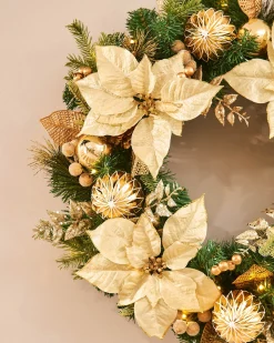Pre-Lit Decorated Wreath, Cream/Gold, 60 Cm