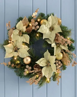 Pre-Lit Decorated Wreath, Cream/Gold, 60 Cm