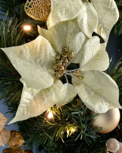 Pre-Lit Decorated Wreath, Cream/Gold, 60 Cm