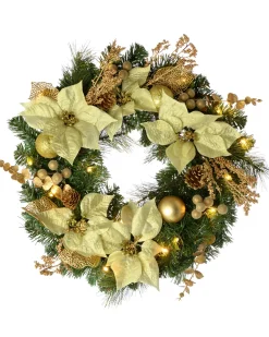 Pre-Lit Decorated Wreath, Cream/Gold, 60 Cm