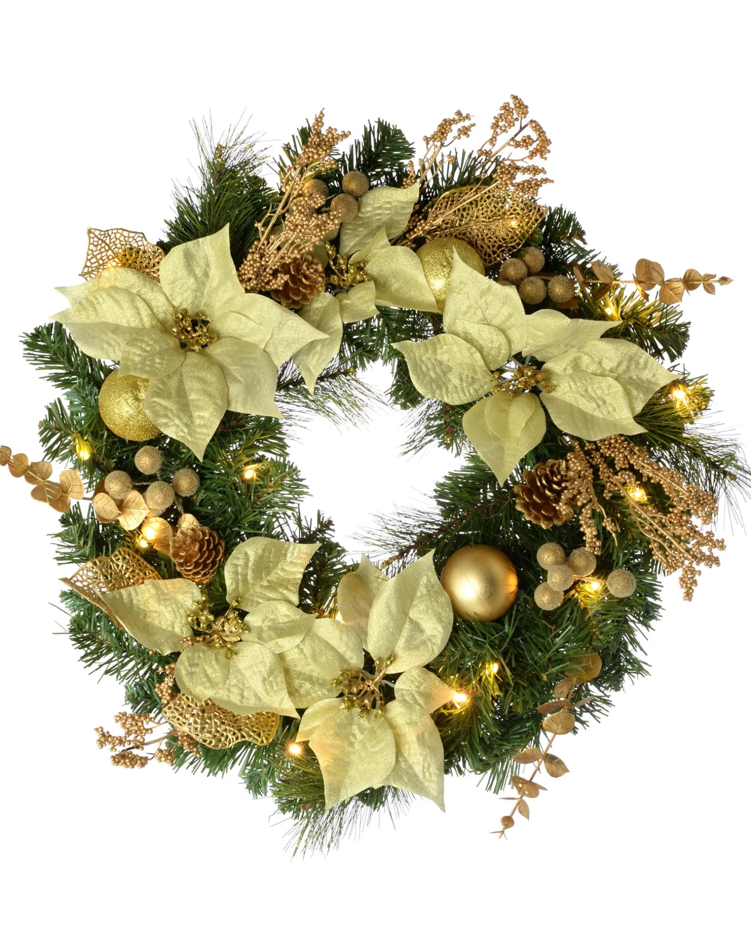 Pre-Lit Decorated Wreath, Cream/Gold, 60 Cm