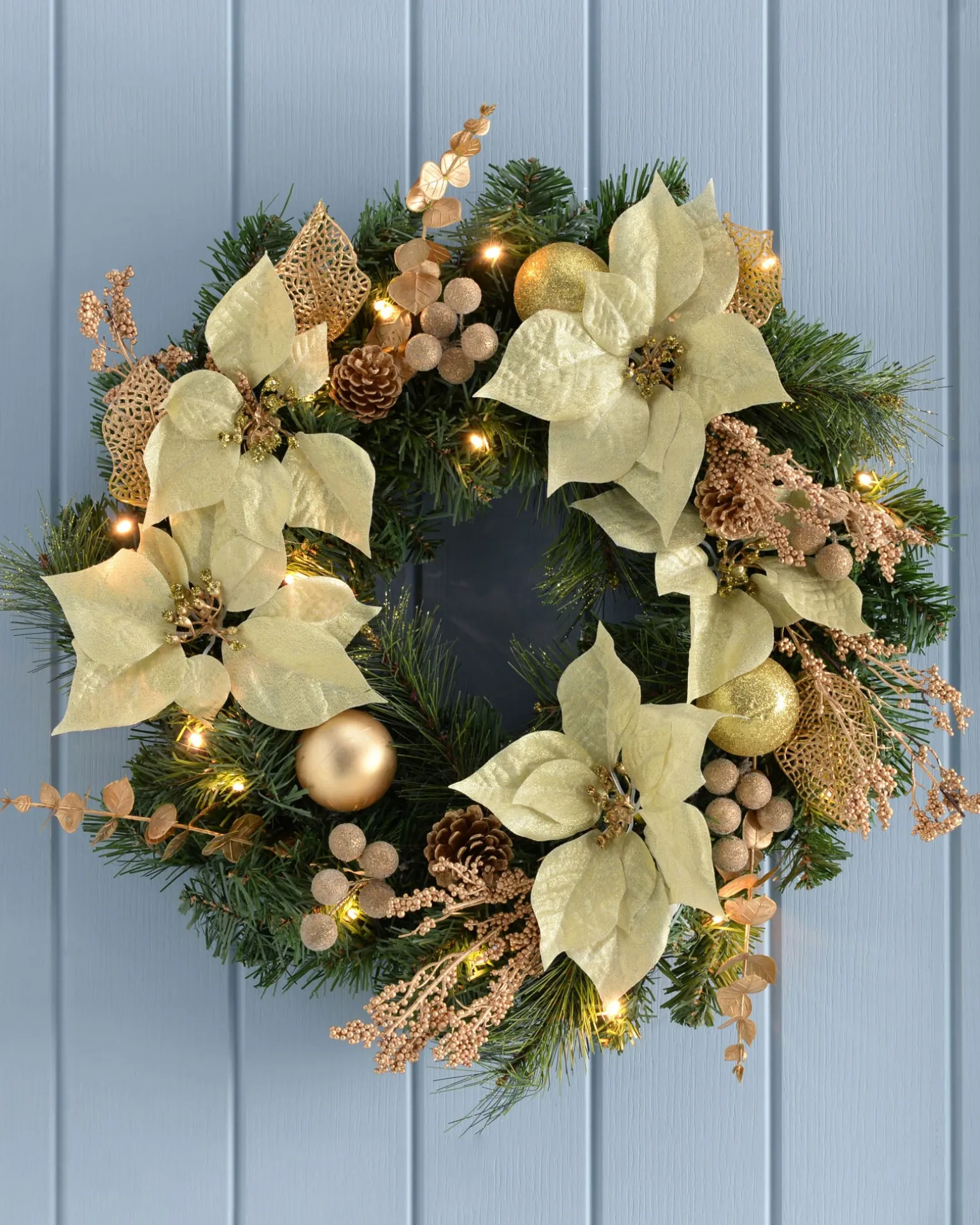 Pre-Lit Decorated Wreath, Cream/Gold, 60 Cm