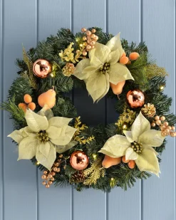 Pre-Lit Decorated Wreath, Copper/Gold, 60 Cm