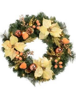Pre-Lit Decorated Wreath, Copper/Gold, 60 Cm