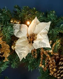 Pre-Lit Decorated Wreath, Gold/Cream, 60 Cm