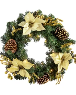 Pre-Lit Decorated Wreath, Gold/Cream, 60 Cm