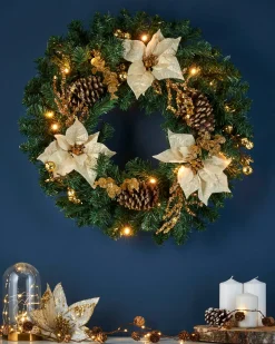Pre-Lit Decorated Wreath, Gold/Cream, 60 Cm