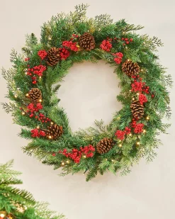 Pre-Lit Decorated Wreath, Pinecones & Berries, 76 Cm