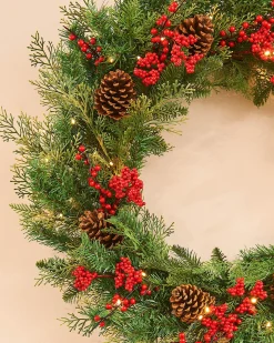 Pre-Lit Decorated Wreath, Pinecones & Berries, 76 Cm