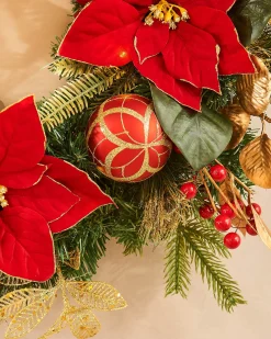 Pre-Lit Decorated Wreath, Red/Gold, 60 Cm