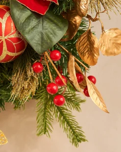 Pre-Lit Decorated Wreath, Red/Gold, 60 Cm