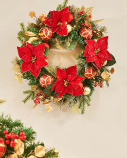 Pre-Lit Decorated Wreath, Red/Gold, 60 Cm