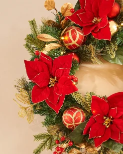 Pre-Lit Decorated Wreath, Red/Gold, 60 Cm