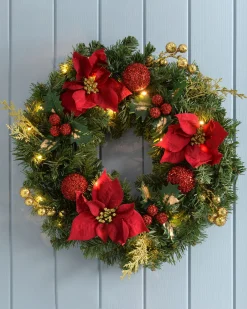 Pre-Lit Decorated Wreath, Red/Gold, 60 Cm