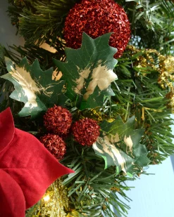 Pre-Lit Decorated Wreath, Red/Gold, 60 Cm