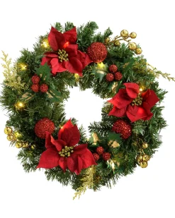 Pre-Lit Decorated Wreath, Red/Gold, 60 Cm