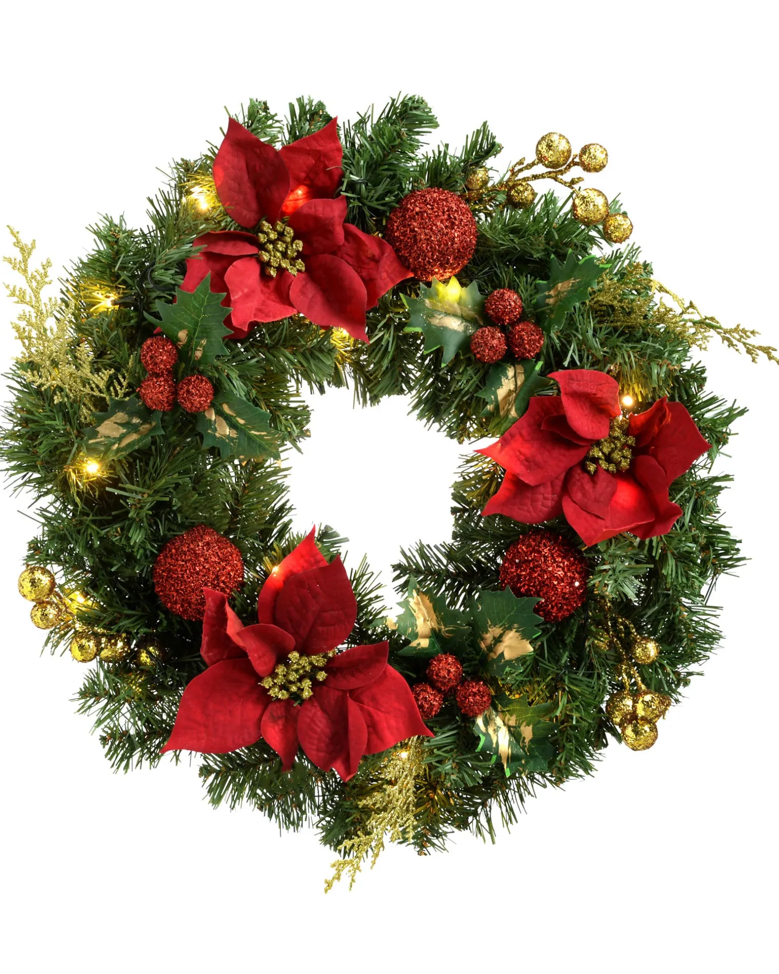 Pre-Lit Decorated Wreath, Red/Gold, 60 Cm