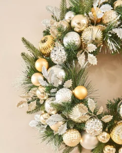 Pre-Lit Decorated Wreath, Silver/Champagne/Gold, 76 Cm