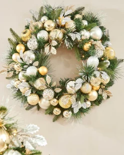 Pre-Lit Decorated Wreath, Silver/Champagne/Gold, 76 Cm
