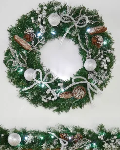 Pre-Lit Decorated Wreath, Silver Ice, 60 Cm