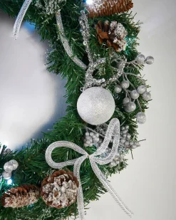 Pre-Lit Decorated Wreath, Silver Ice, 60 Cm