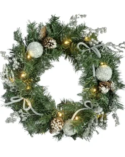 Pre-Lit Decorated Wreath, Silver Ice, 60 Cm