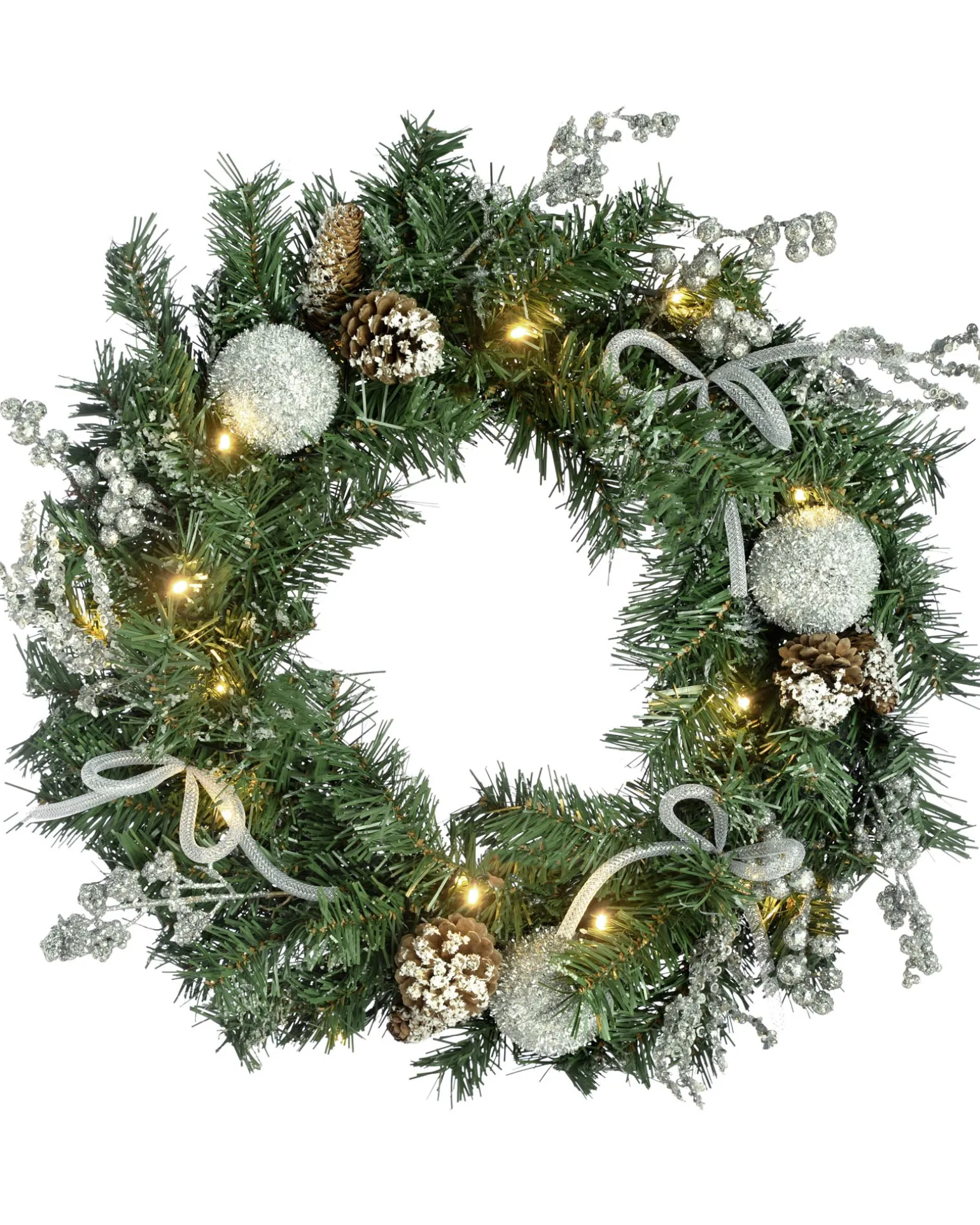 Pre-Lit Decorated Wreath, Silver Ice, 60 Cm