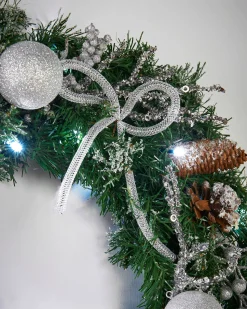 Pre-Lit Decorated Wreath, Silver Ice, 60 Cm