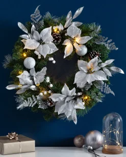 Pre-Lit Decorated Wreath, Silver/White, 60 Cm