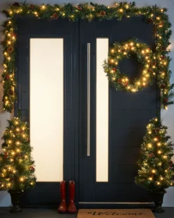 Pre-Lit Decorative Christmas Trees, Wreath & Garland Bundle