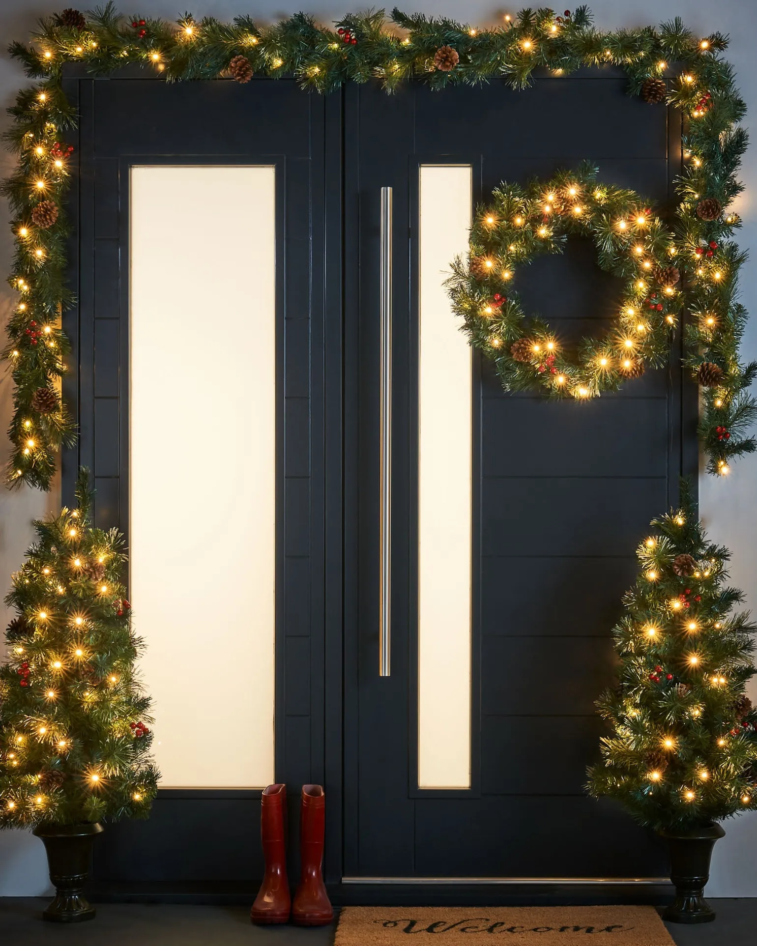 Pre-Lit Decorative Christmas Trees, Wreath & Garland Bundle