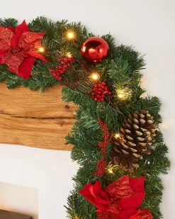 Pre-Lit Extra Thick Decorated Garland, Red/Gold, 9 Ft