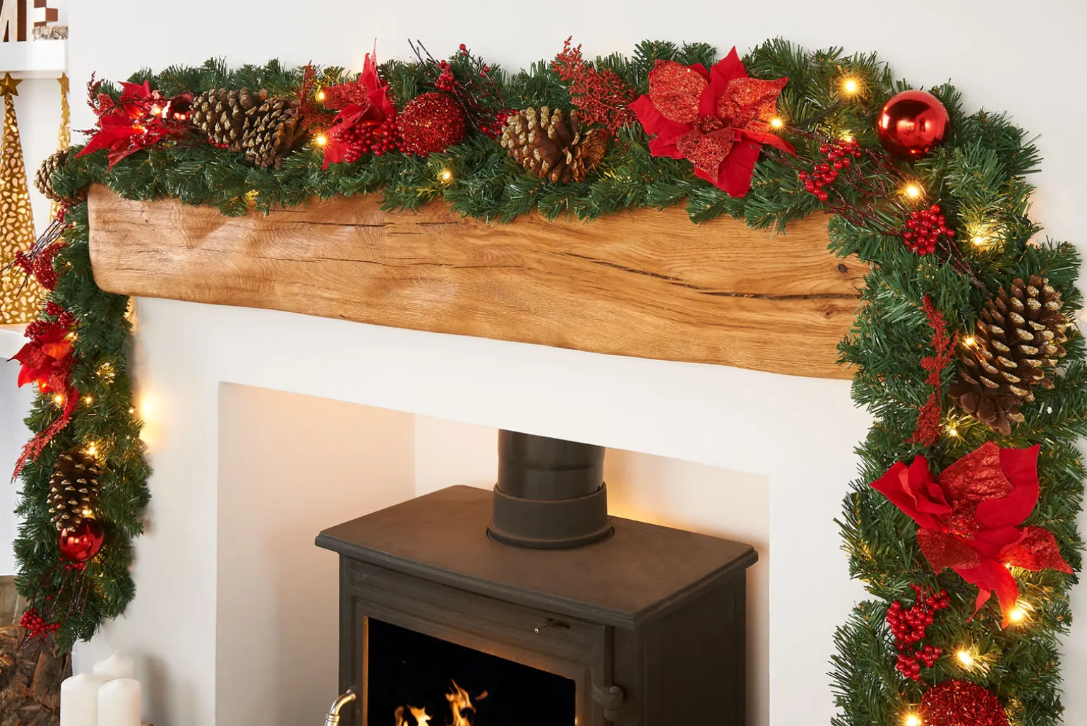 Pre-Lit Extra Thick Decorated Garland, Red/Gold, 9 Ft