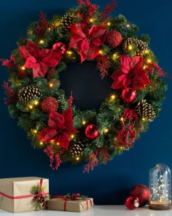 Pre-Lit Extra Thick Decorated Wreath, Red/Gold, 76 Cm