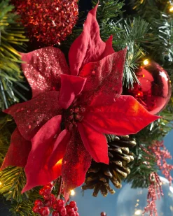 Pre-Lit Extra Thick Decorated Wreath, Red/Gold, 76 Cm