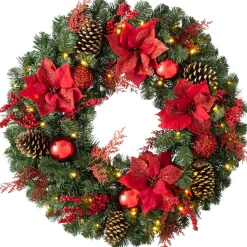 Pre-Lit Extra Thick Decorated Wreath, Red/Gold, 76 Cm