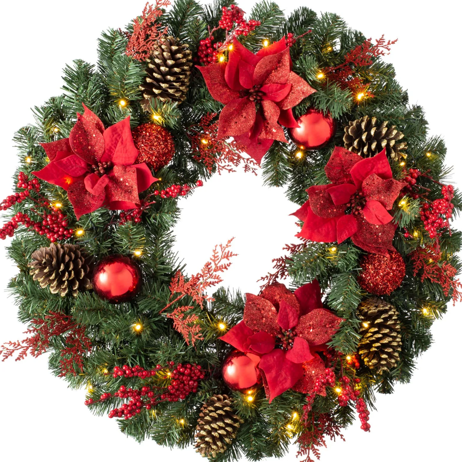 Pre-Lit Extra Thick Decorated Wreath, Red/Gold, 76 Cm