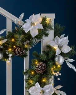Pre-Lit Extra Thick Decorated Garland, Silver/White, 9 Ft