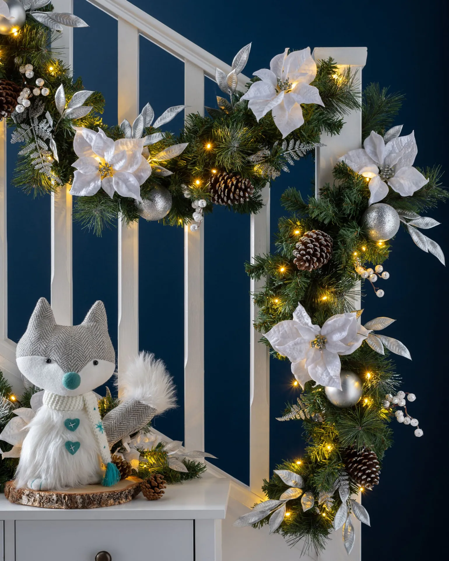 Pre-Lit Extra Thick Decorated Garland, Silver/White, 9 Ft