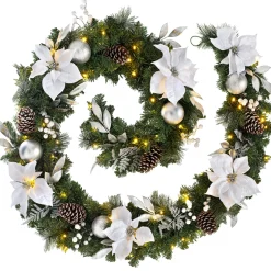 Pre-Lit Extra Thick Decorated Garland, Silver/White, 9 Ft