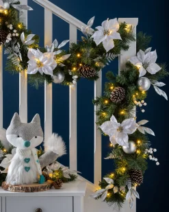 Pre-Lit Extra Thick Decorated Garland, Silver/White, 9 Ft