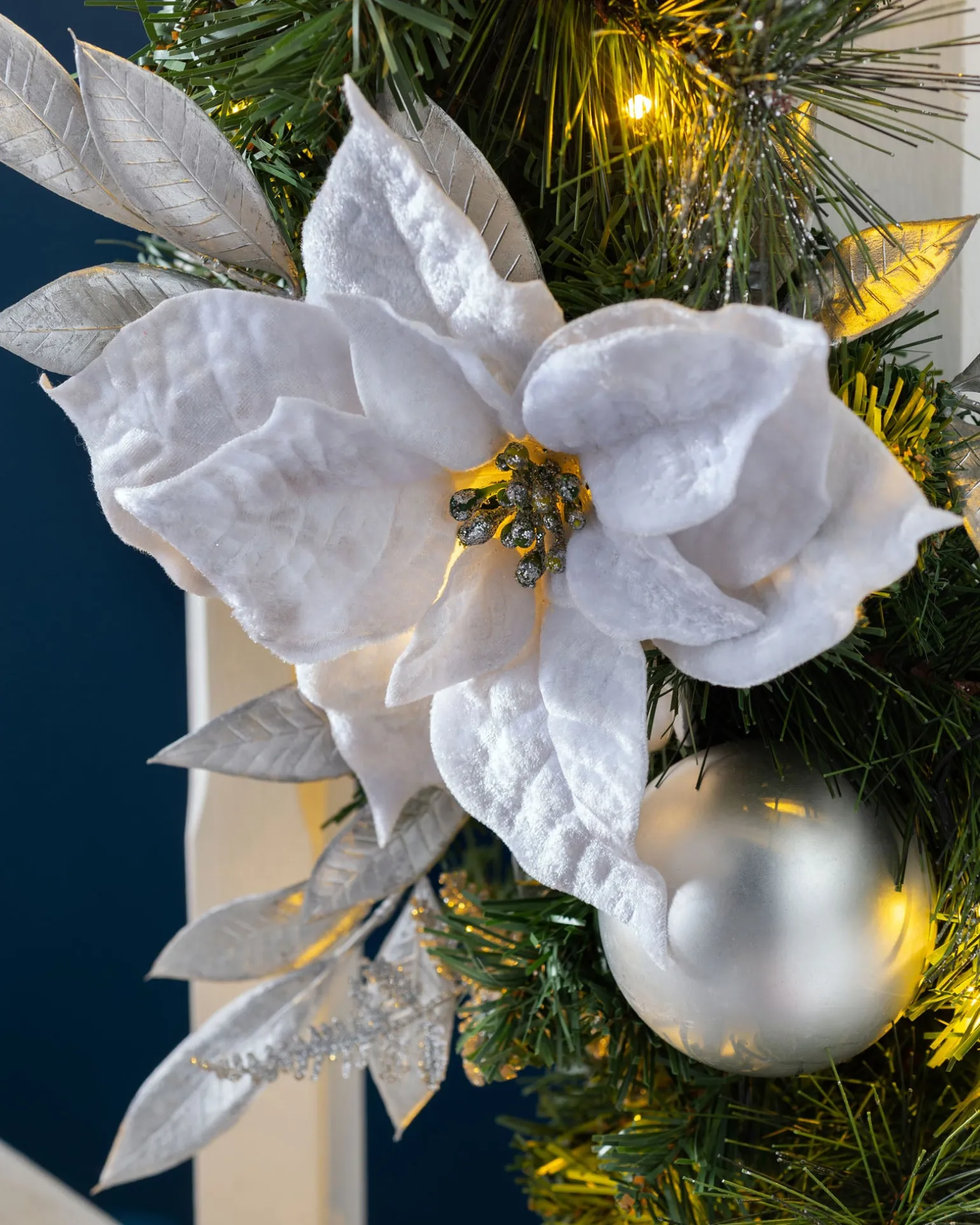 Pre-Lit Extra Thick Decorated Garland, Silver/White, 9 Ft